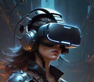 woman wearing virtual reality helmet