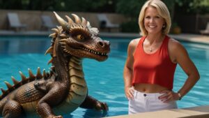 Default News anchor jane smith by the pool with dragons swimmi