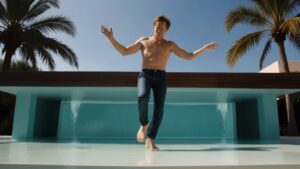 Default kevin bacon dancing on a white table inside the pool w