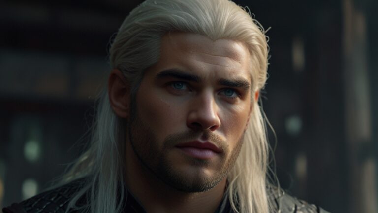 Default Liam Hemsworth with white long hair wig as The Witche