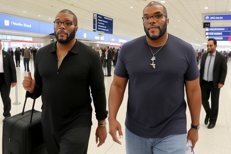 Tyler Perry at airport checking