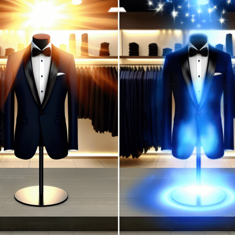 Tried on The Black Tux suits: navy dazzled in daylight, blue vanished like a magician under store lights!