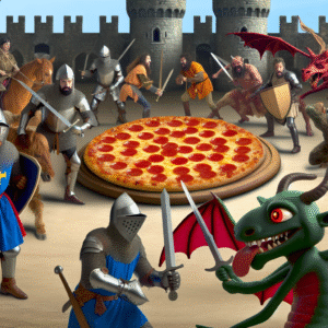 In a medieval mix-up, knights battle demons, but hey, who ordered the pepperoni pizza? Chaos and cheese ensue!